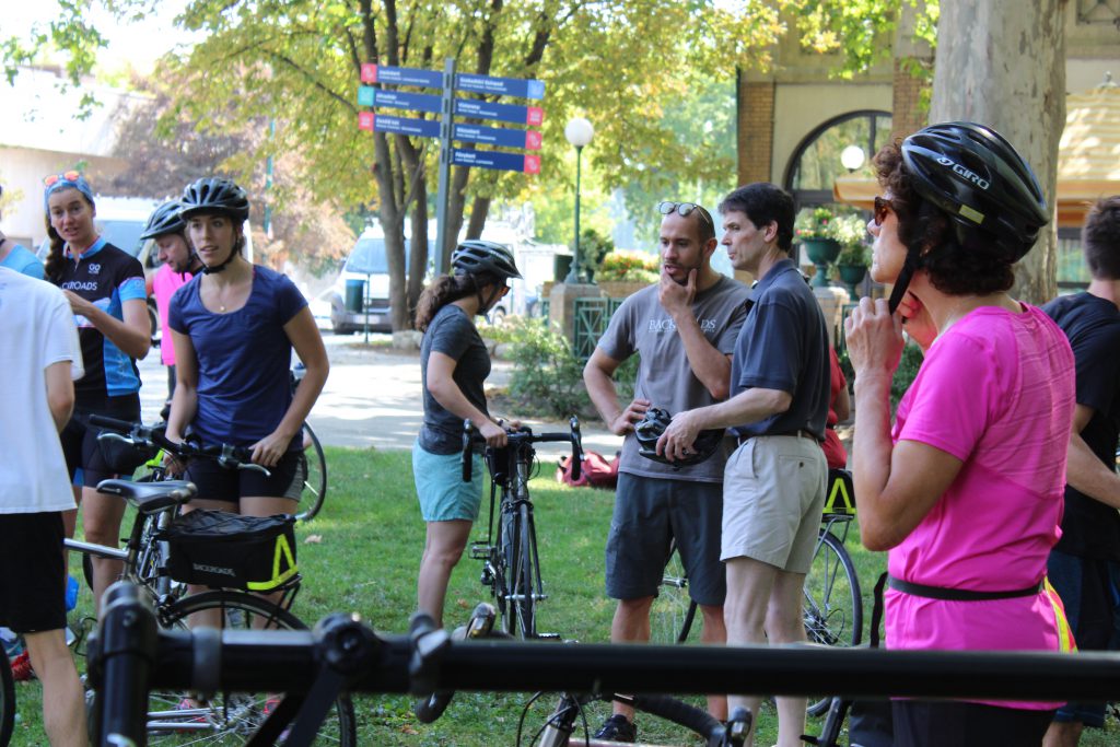 Getting outfitted for the Backroads bike tour in Budapest
