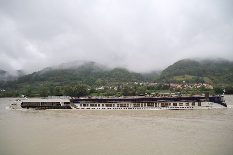 Our bike group passed our ship The AMAStella on our rainy ride in the Wachau Valley