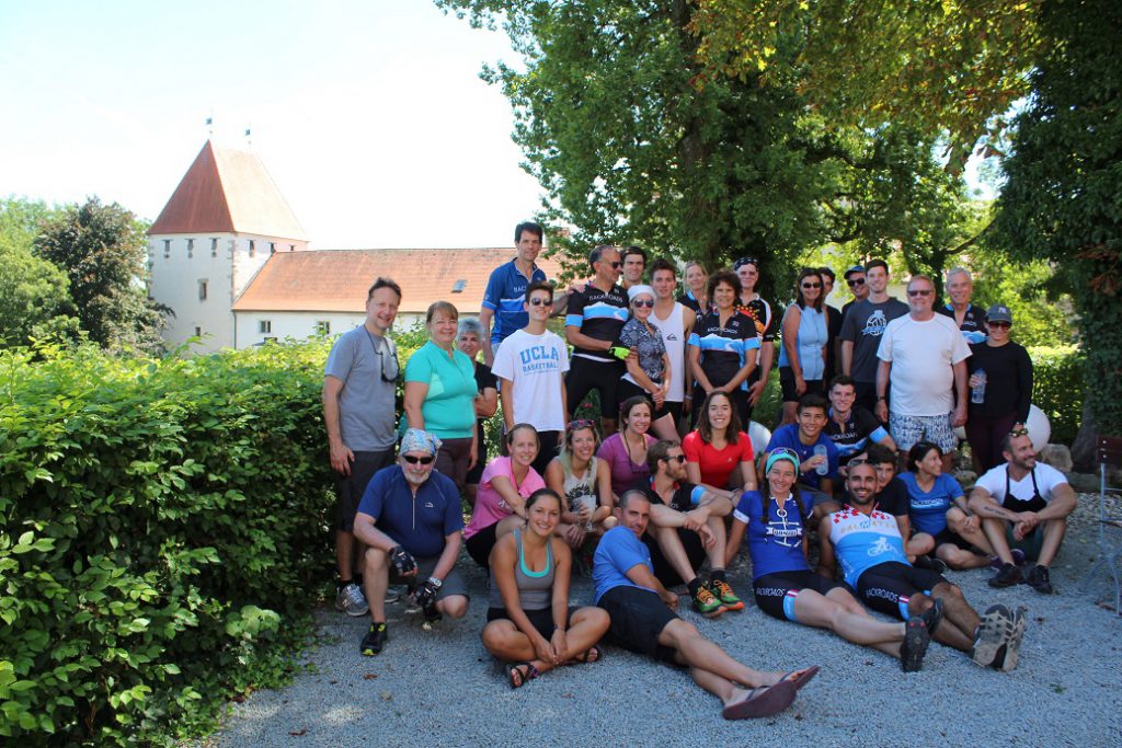 Our group of 30 Backroads bikers at lunch stop on last day of cruise-bike adventure