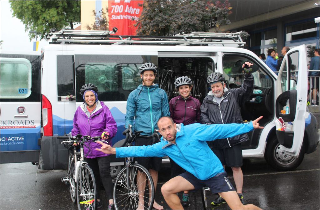 Soaked but happy at the end of our nearly 40-mile ride in the rain along the Danube