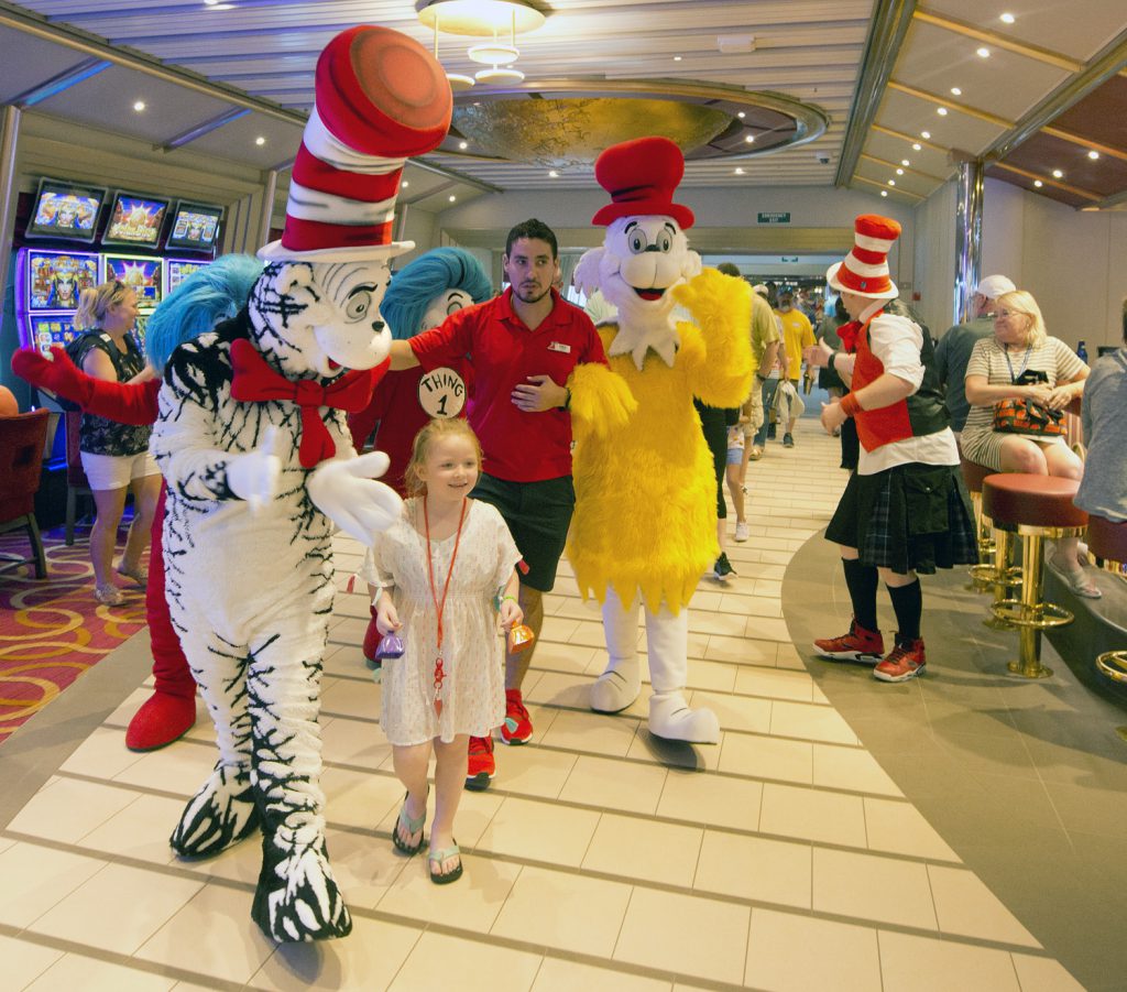 Dr. Seuss' Cat In the Hat and friends stroll on the Carnival Sunrise as part of a Seuss-a-palooza Parade