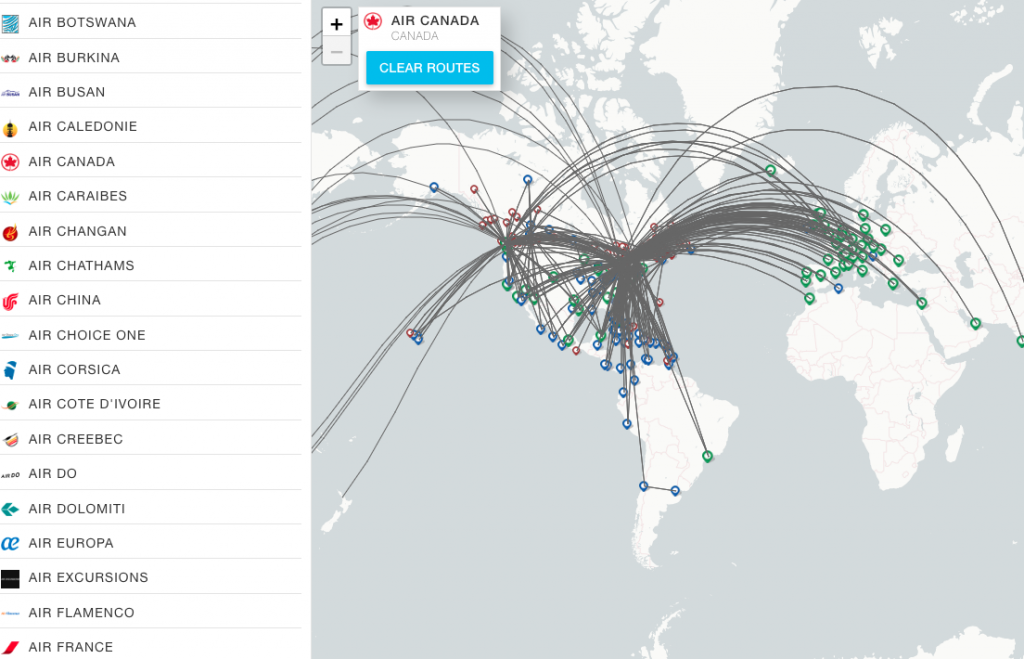By selecting a specific airline you get an overview of every destinations to where you can fly directly. *Red: >20 Blue: 21-100 Green: 100+