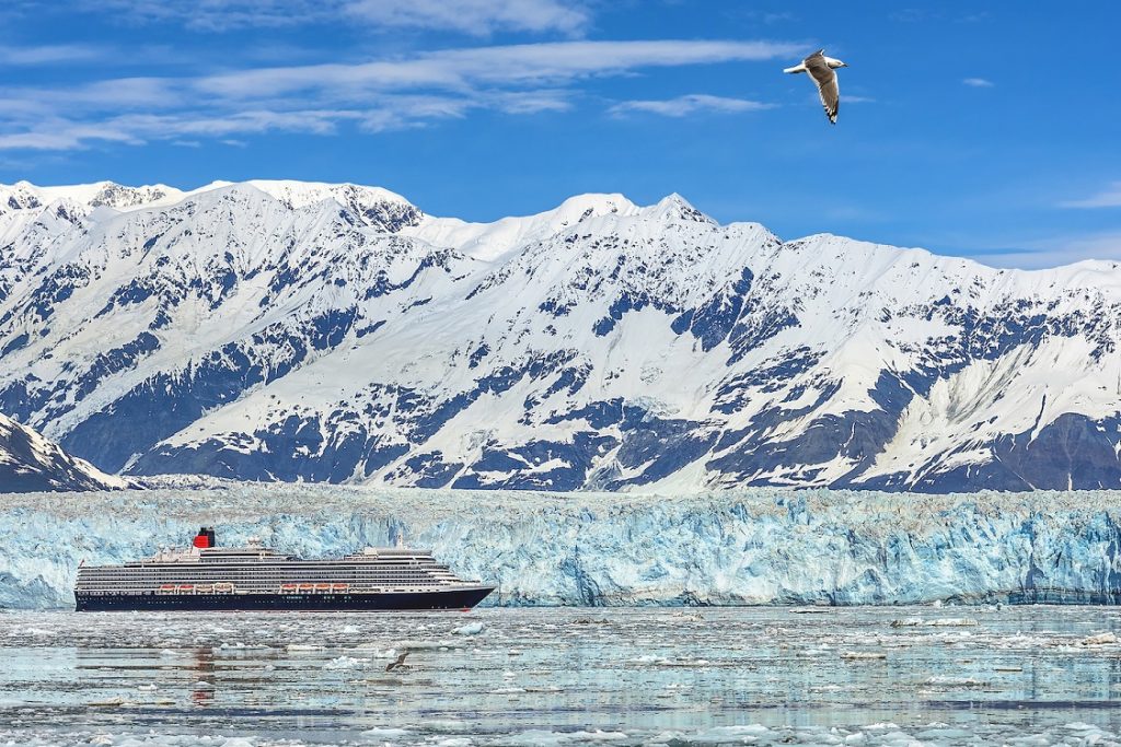 Cunards Queen Elizabeth near the Hubbard Glacier in Alaska