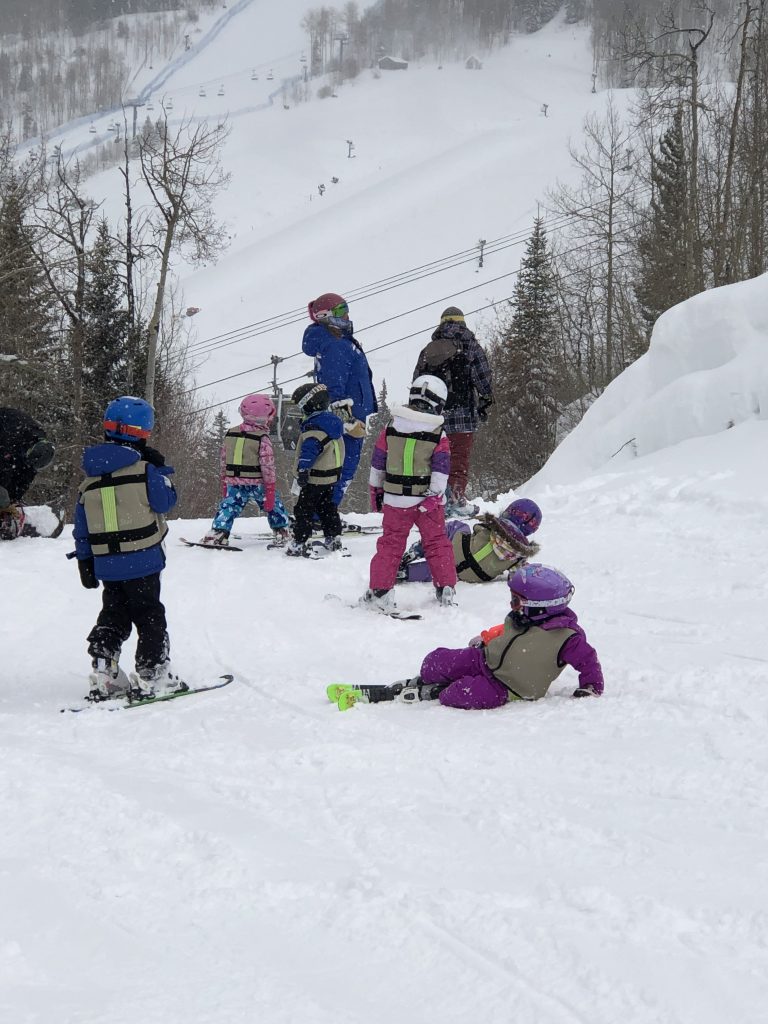 A ski school class working hard near Vail Village