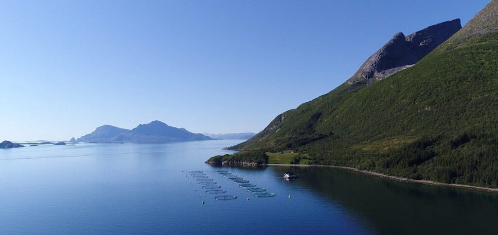 Fish pens at Aerial view of Norway’s Kvarøy Arctic