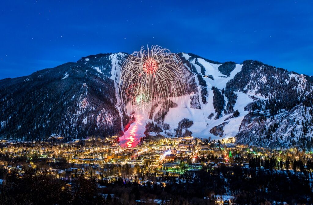 Fireworks over Aspen Mountain and the Winterskol torchlight parade on January 11, 2014.
