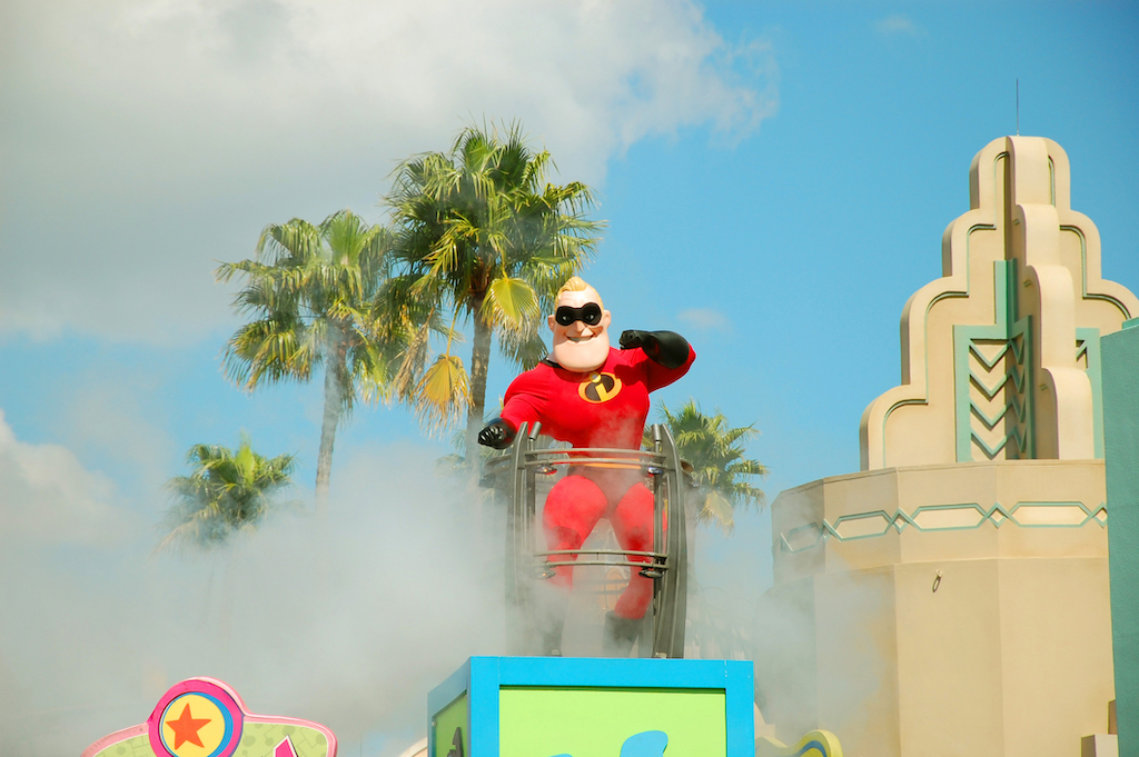 Mr Incredible the main character from Disney's "The Incredibles" is greeting the crowd during the Block Party Bash Parade in Hollywood Studios, Florida.